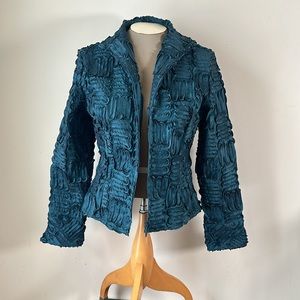 Samuel Dong Turquoise Jacket, SM, Unique Pieced Taffeta Design, Versatile Zip